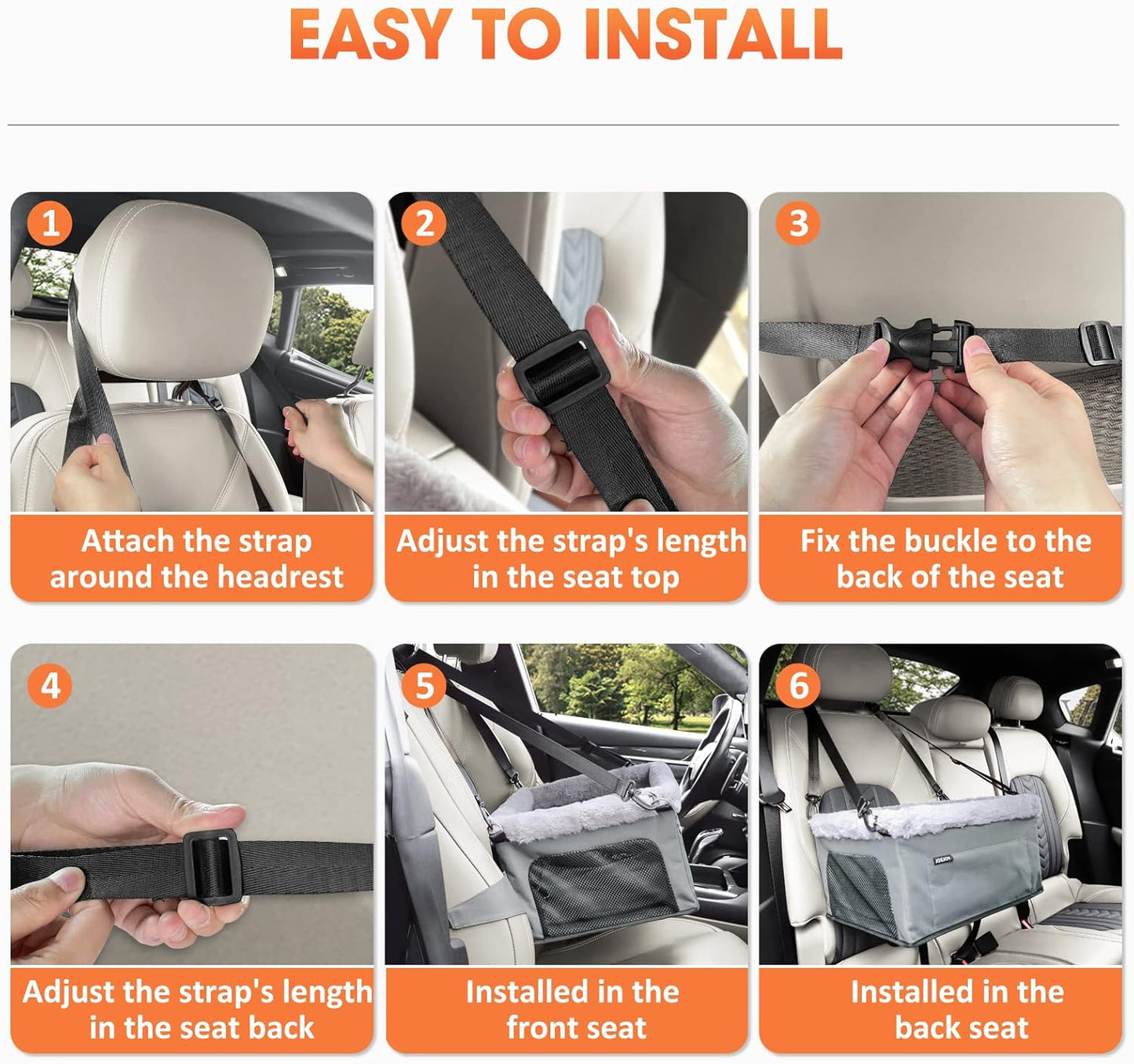 JOEJOY Deluxe Dog Booster Seat with Sturdy Metal Frame and Safety Leash for Small Pets up to 20 lbs - Portable Puppy Dog Car Seat with Thick Cushion and Storage Pockets for Small Dogs