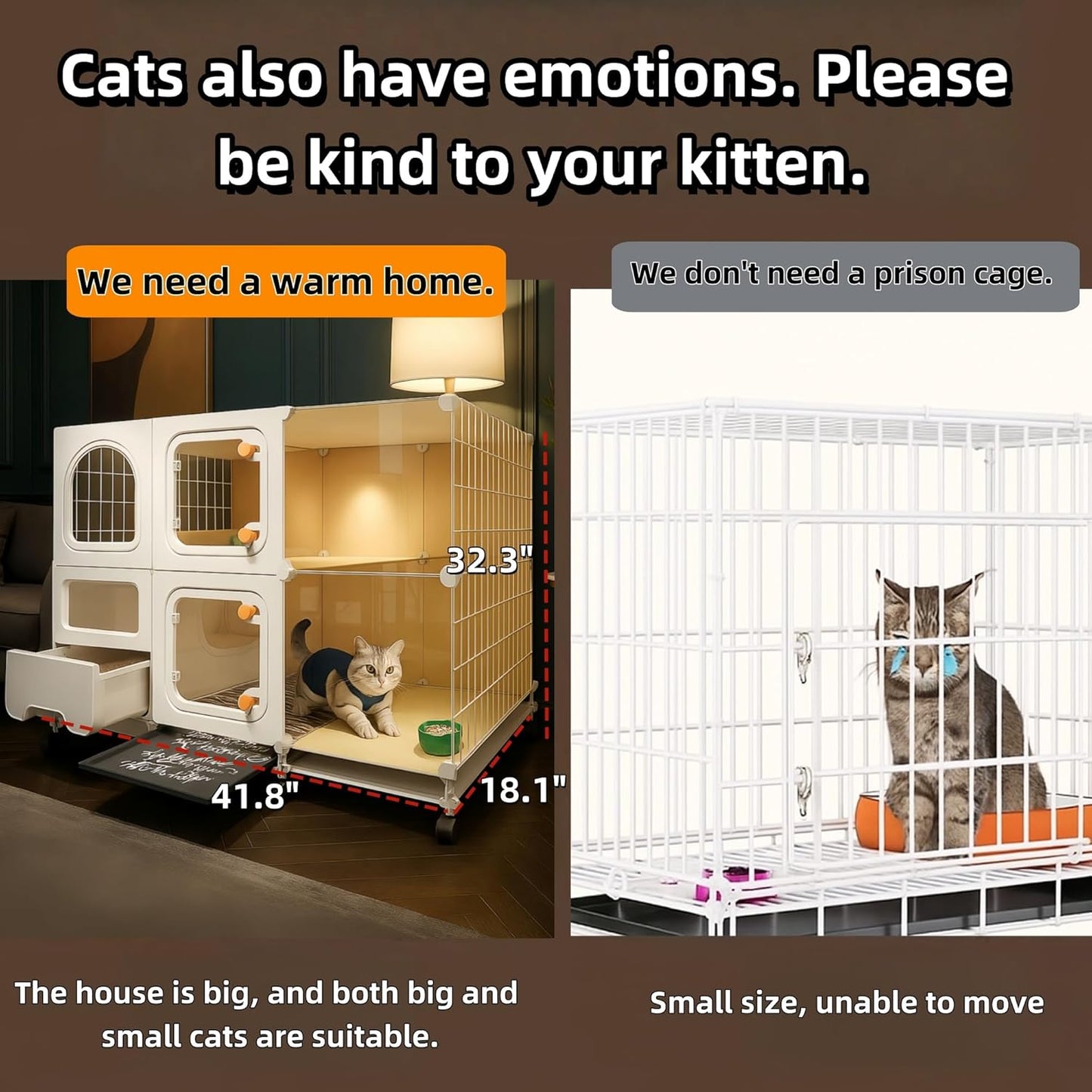 Indoor Cat Cage with Litter Box,Complimentary Cat Bed, Bowl Double-Layer Cat House with Wheels Outdoor Large Cat Enclosure, Small Animal Dog Kennel(41.8″(L) x18.1″(W) x32.3″(H))