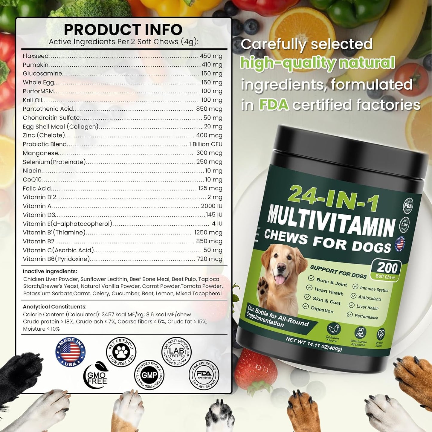 24-in-1 Dog Vitamins and Supplements 200 Ct Multivitamin for Dogs Chewable Contain Glucosamine Chondroitin Probiotics Omega-3 for Skin Coat,Hip & Joint,Heart,Liver,Brain,Eyes - Suitable for All Dogs