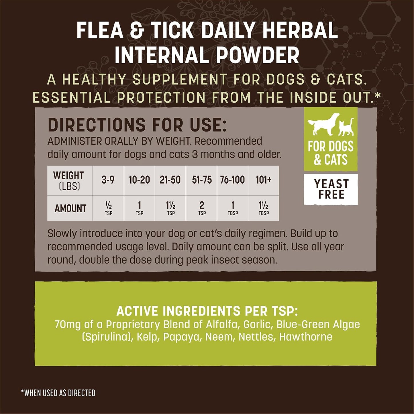 Earth Animal Apothecary Natural Flea & Tick - Daily Internal Herbal Powder Supplement for Dogs & Cats - 8 oz