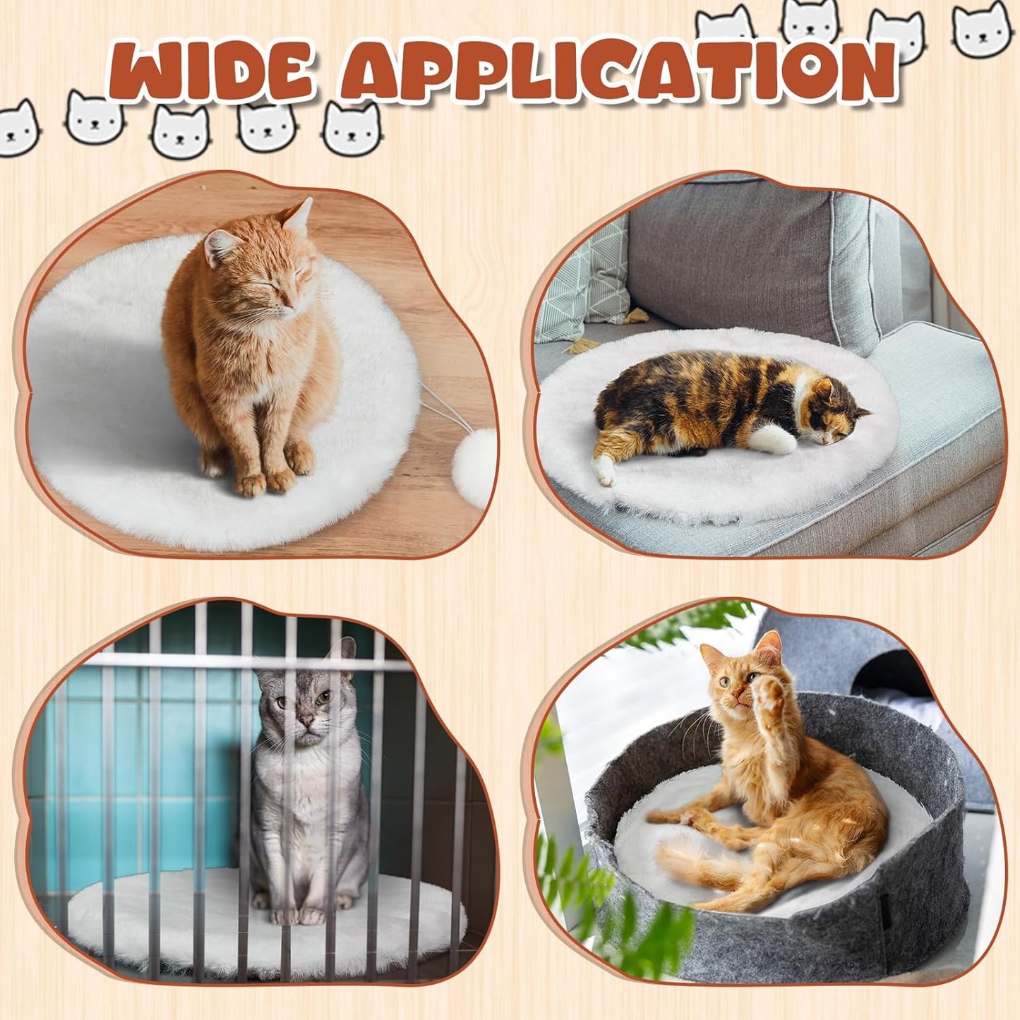 Abbylike 3 Pack 16" Round Cat Dog Bed Cushion Pad Mat Faux Rabbit Fur Pet Sleeping Mat with Small Ball Warm Plush Anti Slip Washable Cat Tree Tower Replacement Cushion Pad for Carrier Crate, White