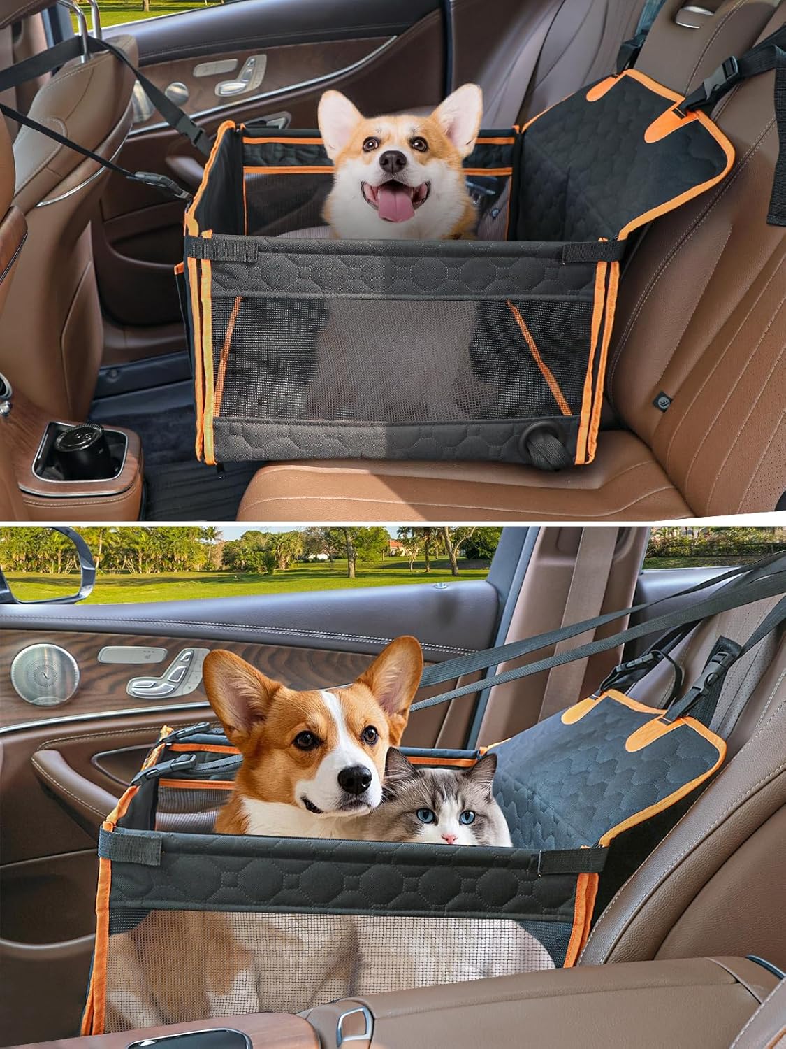 Dog Car Seat for Large Dogs,Waterproof Fabric with Breathable Mesh&Adjustable Dog Seat Belt for Car,Dog Bed for Back Seat Up to 30 LB-Small Orange