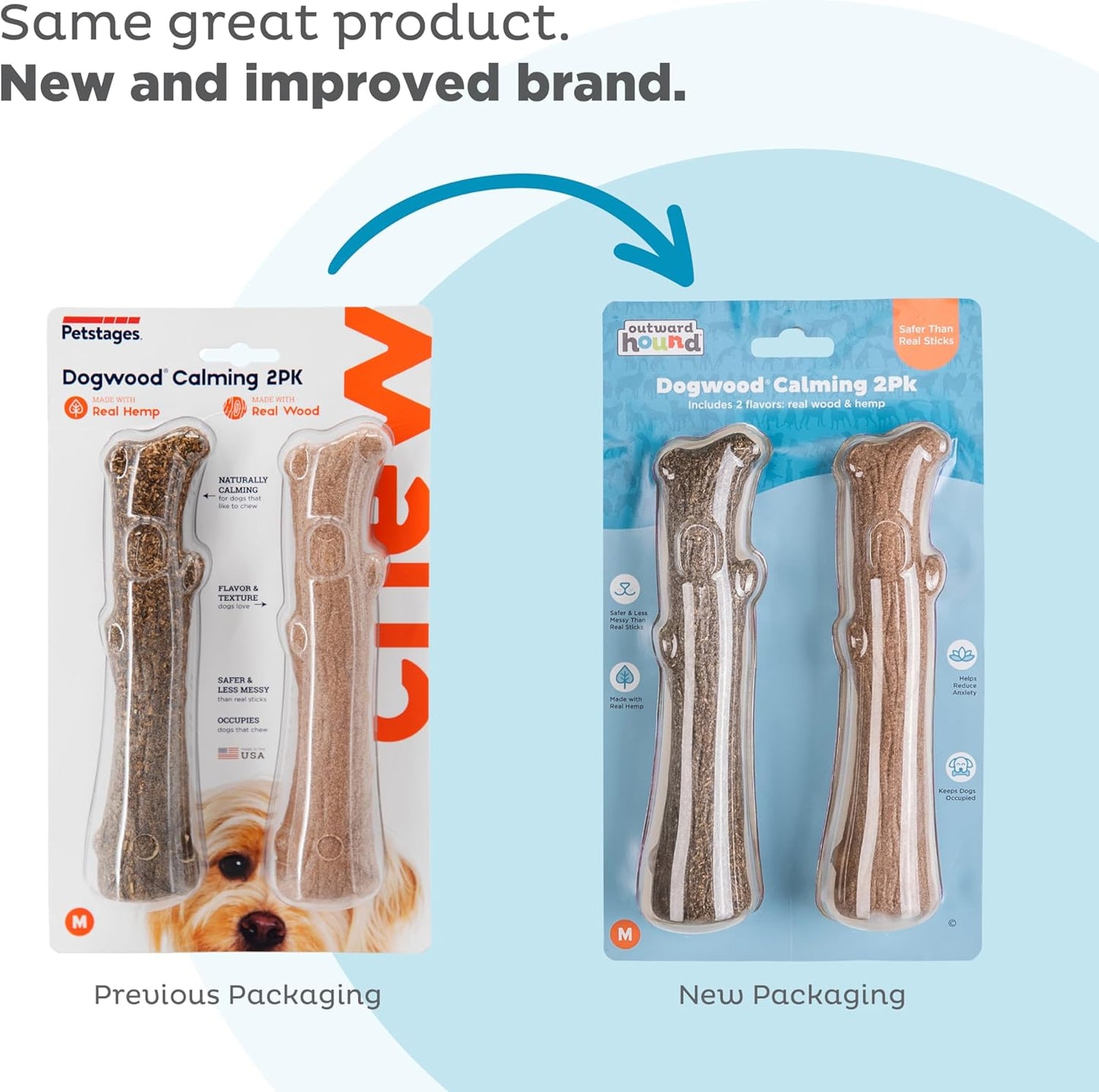 Outward Hound Dogwood Wood Durable Dog Chew Toys, Real Wood & Calming Hemp, 2-Pack, Medium