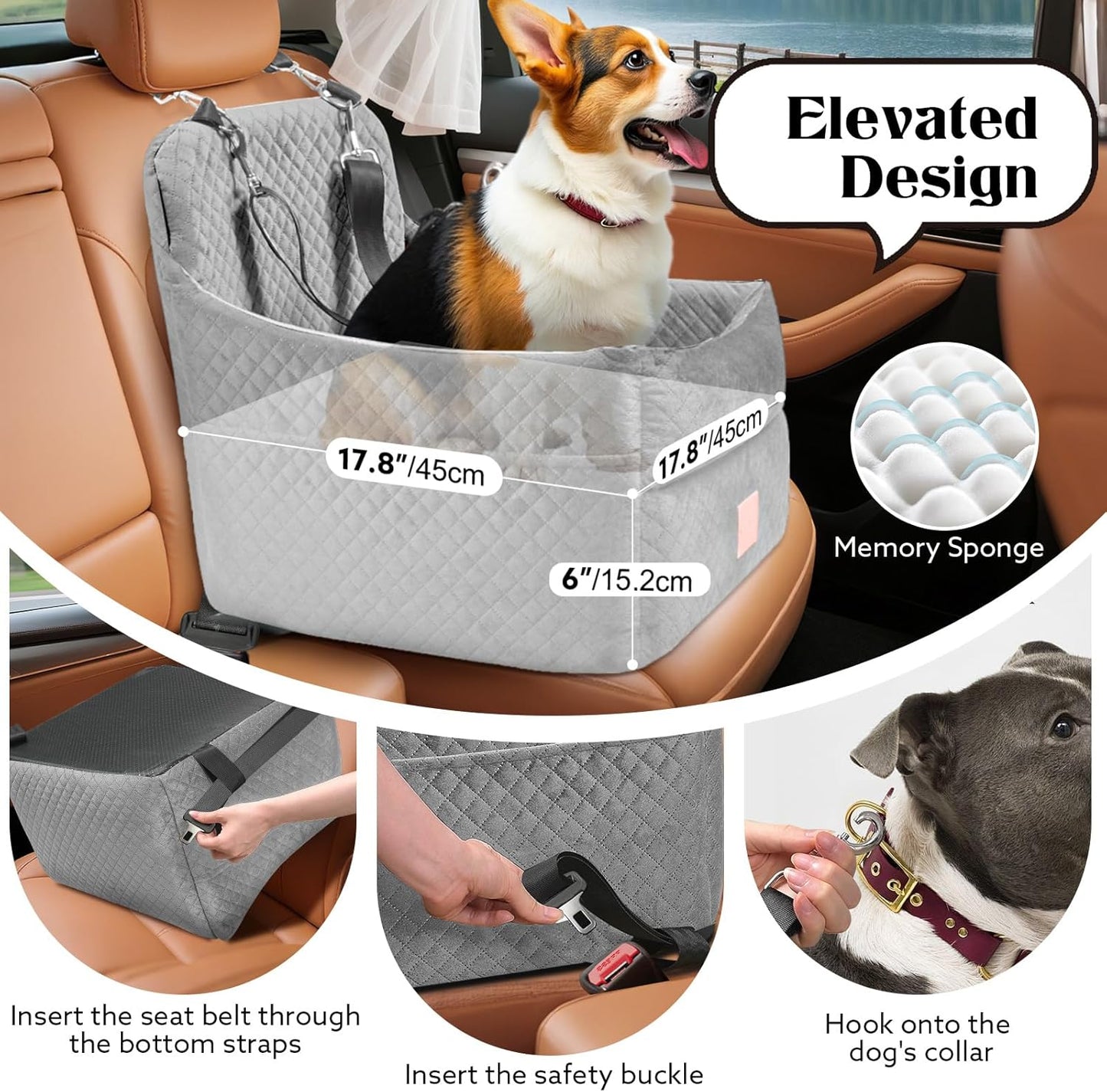 Dog Car Seat for Small/Medium Dogs Under 35lbs, Memory Foam Dog Booster Seats with Washable Removable Cover, Portable Travel-Safe Bed with 2 Safety Belts and Storage Pockets (Grey, Medium)
