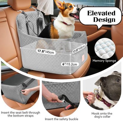 Dog Car Seat for Small/Medium Dogs Under 35lbs, Memory Foam Dog Booster Seats with Washable Removable Cover, Portable Travel-Safe Bed with 2 Safety Belts and Storage Pockets (Grey, Medium)