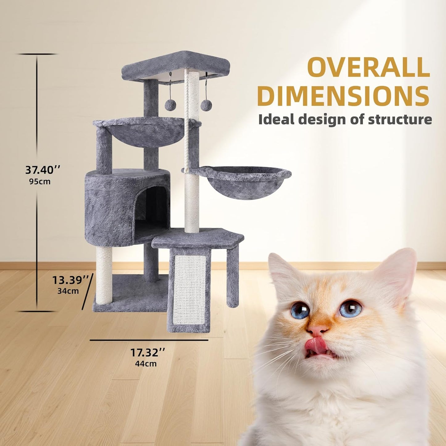 Xin Three Layer Cat Tree with Cat Condo and Two Hammocks,Grey