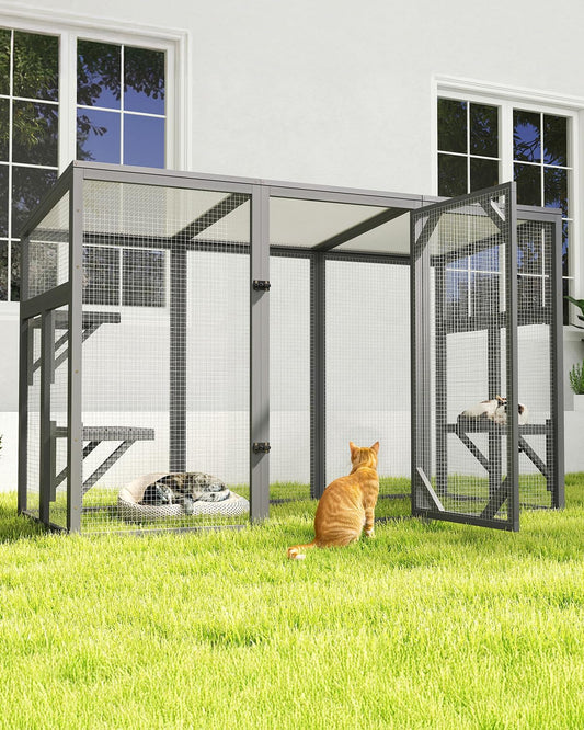Outdoor Cat House, 71" Catio Outdoor Cat Enclosure, Large Cat Houses & Condos, Cattio for Apartment Balcony, Window Cat Cage Weatherproof, Grey