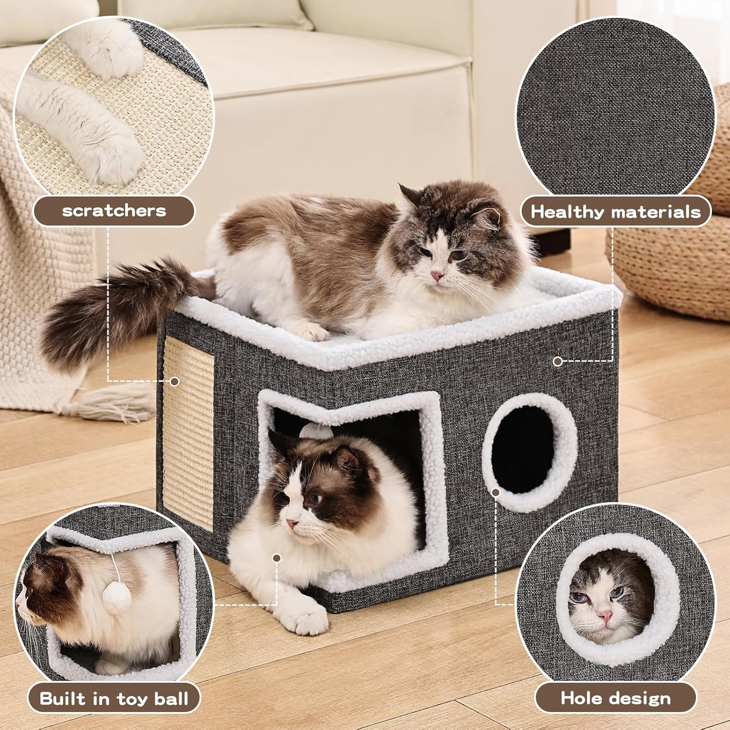 Cat Beds for Indoor Cats, Large Cat Cave with Fluffy Ball and Scratch Pad, Foldable Cat Scratch House with Hideaway Condo for Kitten,16x16x13inch,Grey
