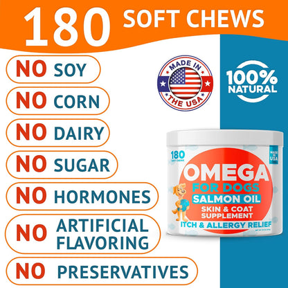 Omega 3 Fish Oil for Dogs (360Ct) - Skin&Coat Chews - Dry & Itchy Skin Relief + Allergy Support - Shiny Coat - EPA&DHA Fatty Acids - Salmon Oil Chews Promotes Heart, Hip & Joint Support