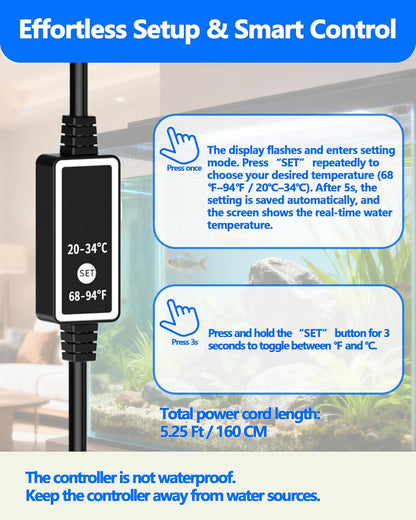 50W Titanium Aquarium Heater with LED Digital Display & External Controller – Submersible Fish Tank Heater, Precise ±1.8℉, IP68 Waterproof, for 3-7 Gallon Freshwater & Saltwater Tanks