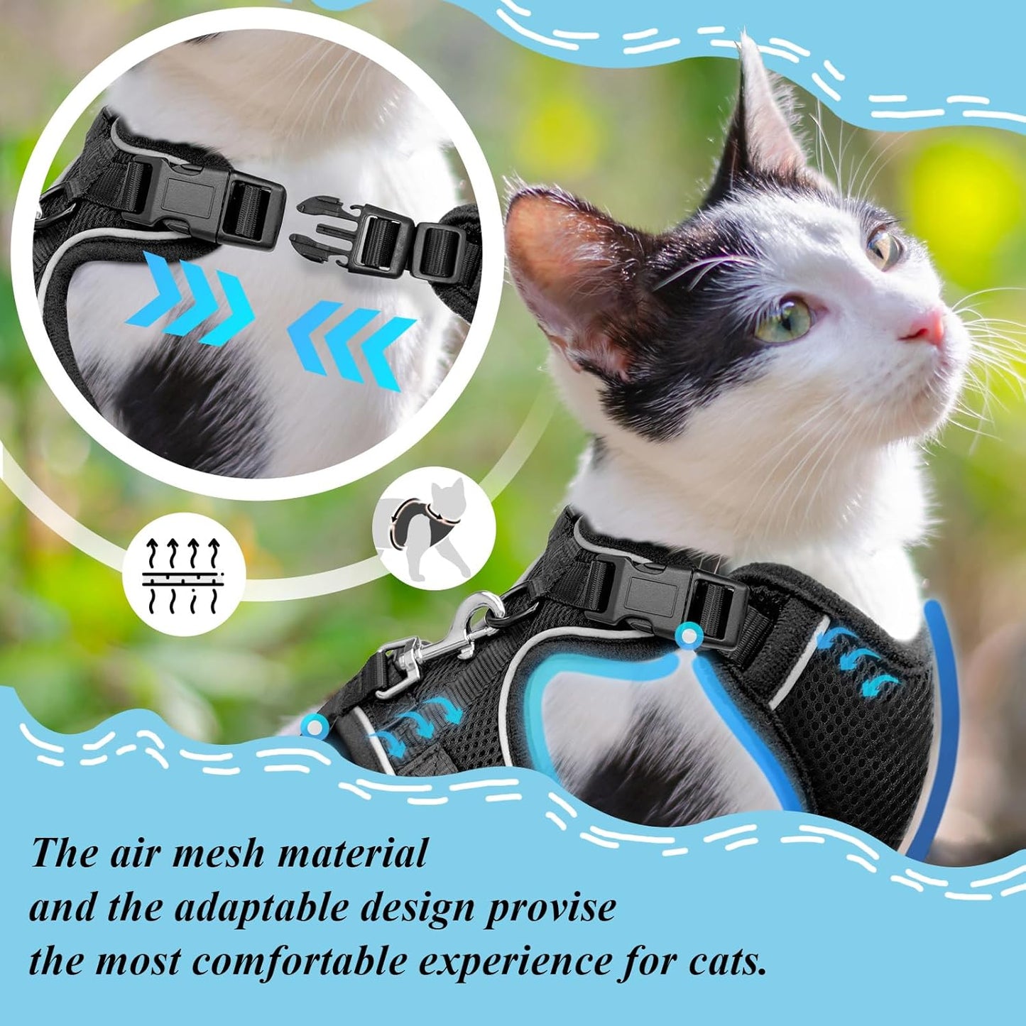 Cat Harness and Leash for Walking, Cat Car Harness, Escape Proof Soft Adjustable Vest Harnesses for Cats, Easy Control Breathable Reflective Strips Harness, Kitten Harness and Leash Set, Black, S