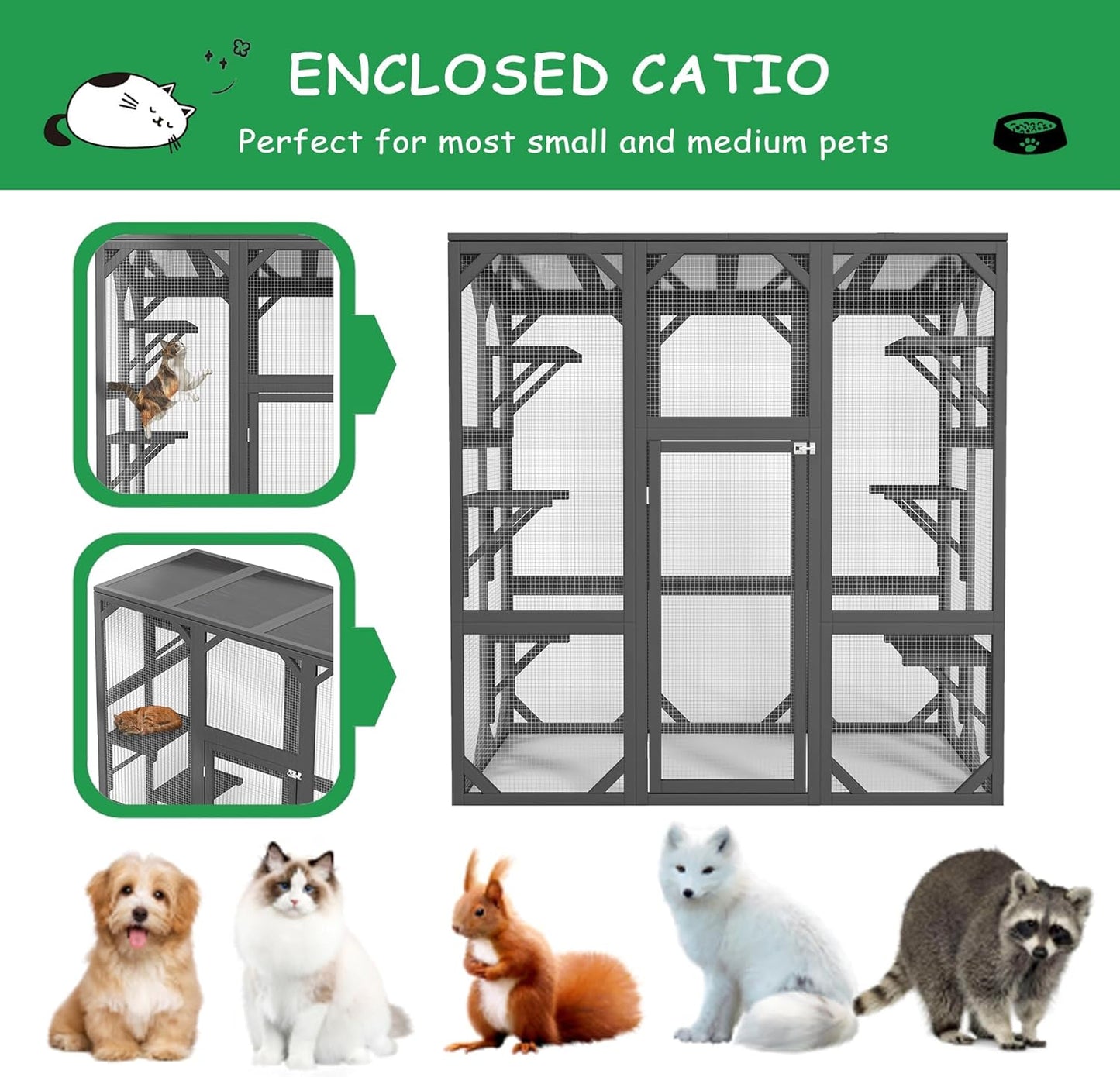 KEIKI Outdoor Wooden Cat Cage Catio Enclosure with Large Enter Door, Walk in Cat House Shelter with 6 Platforms for Multiple Pets, 60" Tall Kitten Cage with Lock, UV Resistant & Waterproof, Gray