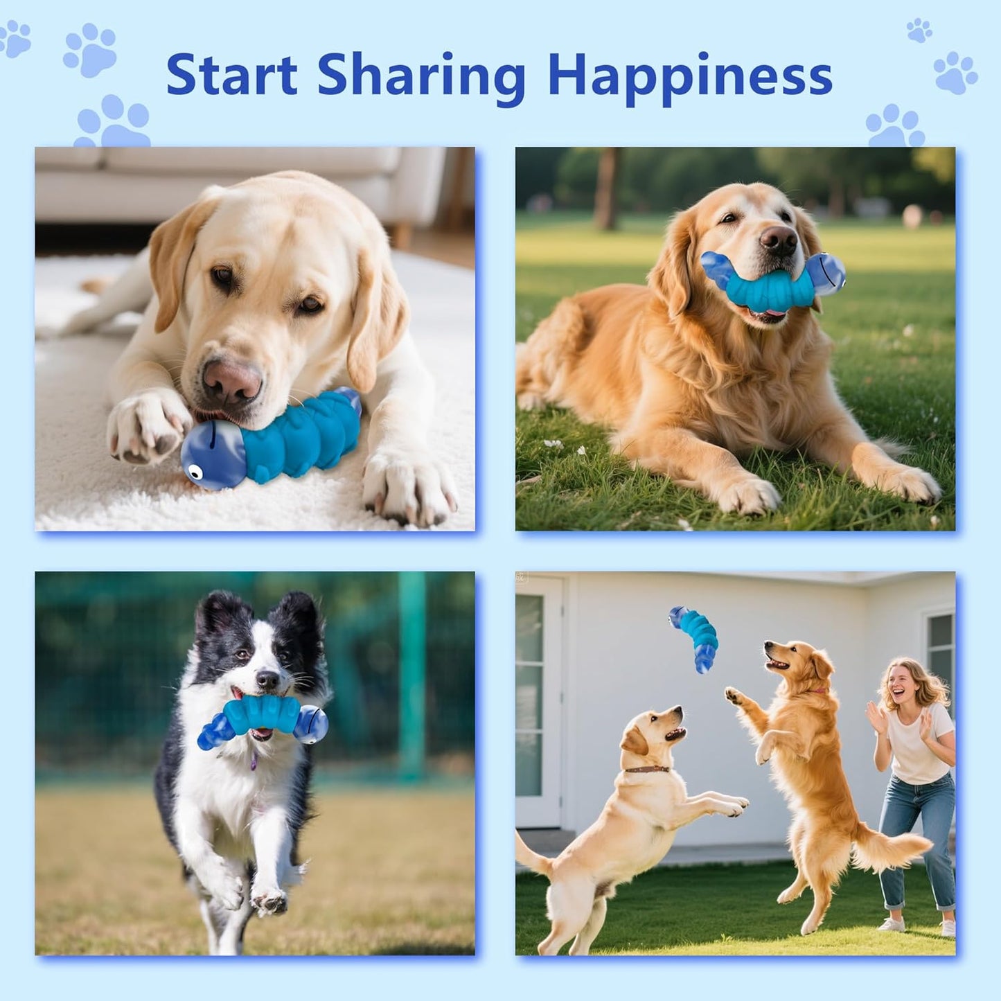 Caterpillar Indestructible Dog Toys for Aggressive Chewers, Tough Chew Proof Toy for Large Dogs, Squeaky Rubber Chew Toy with Beef Flavor for Boredom & Anxiety Relief (Blue)