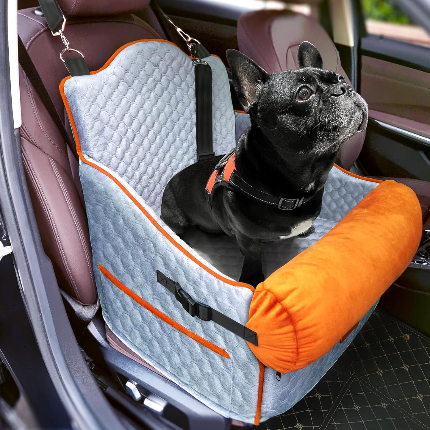 Dog Car Seat for Small/Medium Dogs,Premium Booster Seat for Dogs Under 30lbs,Pet Car Seat Travel Bed with Dog Pillow and Waterproof Pad,Detachable and Washable,Memory Foam Filling(Grey)