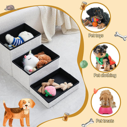 Dog Stairs for Small Dogs with Storage 18" h, 3-Tier Non-Slip Pet Stairs for Dogs Cats, Foldable White Dog Steps Ramp, Corduroy Fabric Pet Ramp for High Beds Couches