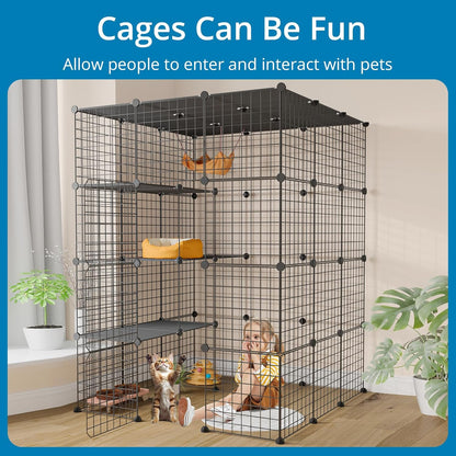 Large Cat Cage, Enclosures Indoor with Balcony, DIY Playpen Detachable Metal Wire Kennels Crate 3x3x4 Large Exercise Place Ideal for 1-3 Cats