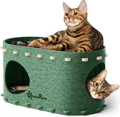DownyPaws Cat House for Indoor Cats, Cat Bed Cave for Multiple & Large Cats Up to 22 Lbs, Scratch Resistant Peekaboo Cat Caves, Foldable Tunnel Enclosed Bed, PeekaPurr, Forest