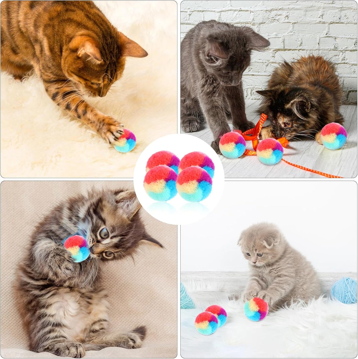 KALIONE 30 Pcs Soft Plush Cat Ball 1.2-inch Rainbow Cat Toy Balls Fuzzy Kitty Balls Kitten Puff Balls Colorful Cat Pom Pom Balls for Cat Kitten Pet Playing Exercising