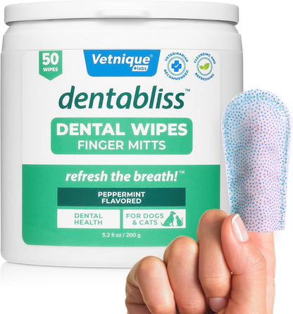 Vetnique Labs Dentabliss Dog Dental Wipes Finger Mitts 50 Count Plus Glandex for Dogs Anal Gland Support Chews 30 Count & Glandex Anal Gland Hygienic Pet Wipes 75 Count Daily Health & Hygiene Bundle