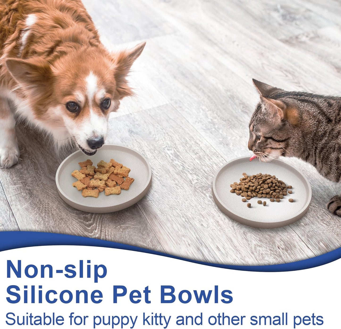 Arespark Pet Silicone Food Mat, Set of 2 Nonslip Waterproof Feeding Bowl Mat with Raised Edges for Food and Water Prevent Spills, Round Eating Tray for Dog Cat Puppy Kitten, 6'' x 6''