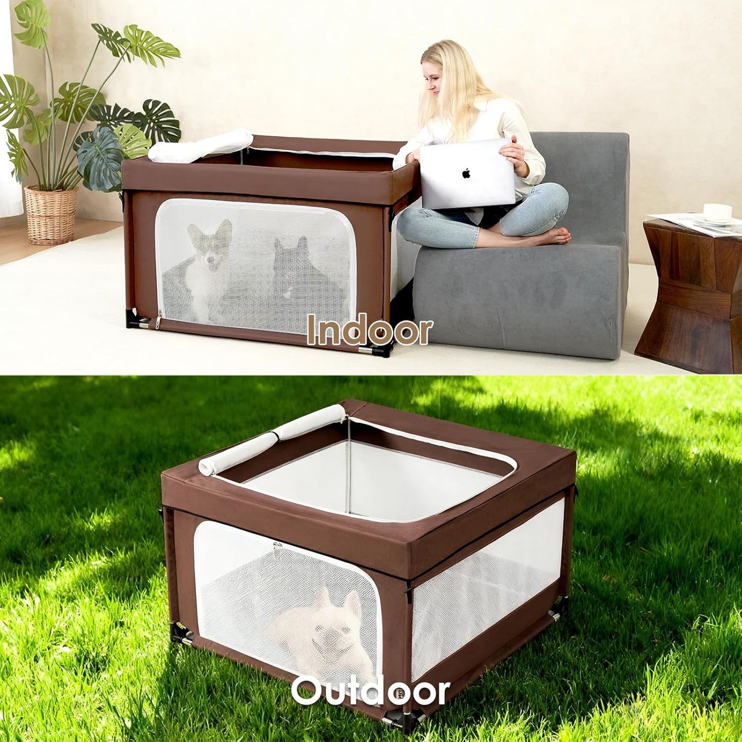 EHEYCIGA 42x42x26 Inches Puppy Playpen with Top Cover for Dogs & Cats Indoor or Outdoor - Dog Playpen with Door, Dog Fence for Small Animal with Heavy-Duty Oxford & Steel Frame, Brown