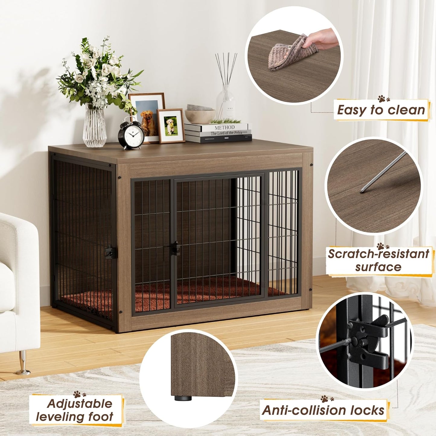 Greesum Modern Dog Crate Furniture That Doubles as a Side Table - Sturdy Wooden Kennel with Front & Side Door Access, Plush Cushion & Chew-Resistant Design for All Dog Sizes