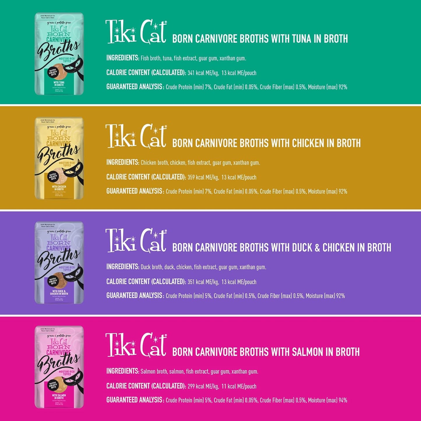 Tiki Cat Born Carnivore Broths Variety Pack, Meaty Bites, Hydration and Flavor Supplement Wet Cat Food Topper, 1.3 oz. Pouch (Pack of 12)