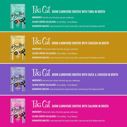 Tiki Cat Born Carnivore Broths Variety Pack, Meaty Bites, Hydration and Flavor Supplement Wet Cat Food Topper, 1.3 oz. Pouch (Pack of 12)