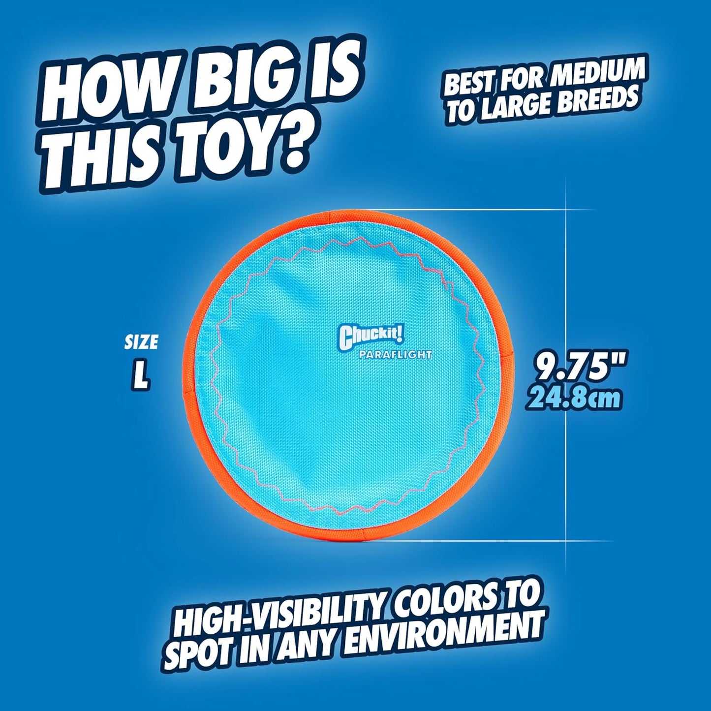 Chuckit! Paraflight Flying Disc Dog Toy - Water Floating Flyer - Durable Nylon Construction with Soft Rubber Edges - For Medium and Large Dogs - Size Large - 9.75" L x 9.75" W - Pack of 1