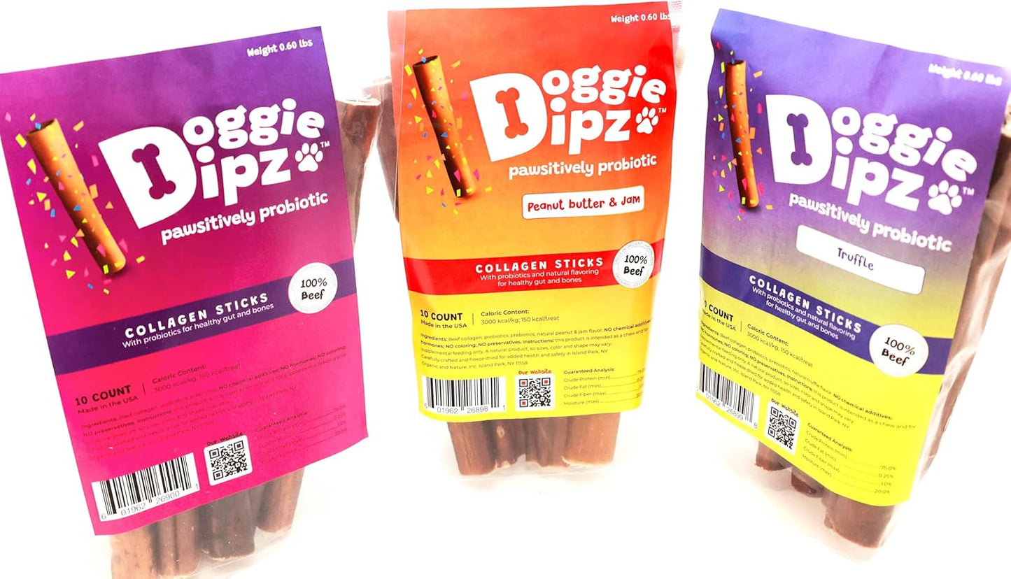 Beef Collagen Sticks for Dogs – 10 Pack - 6” Sticks - Healthy Dog Chew Treats with Probiotics – Natural, Rawhide-Free, Long-Lasting – Bully Stick Alternative Made in USA (Unflavored)