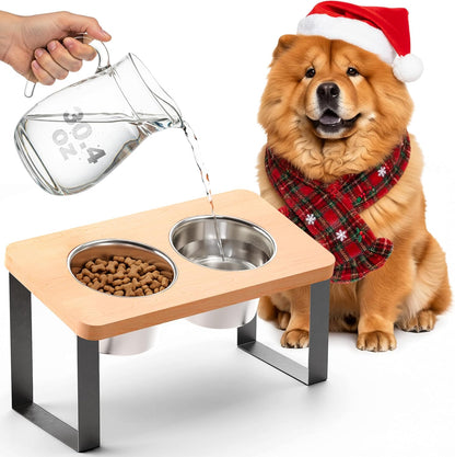 15.9" Tall Elevated Dog Bowls - Ergonomic Stainless Steel Dog Bowls with 10° Tilt in Acacia Wood Stand for Medium Breed