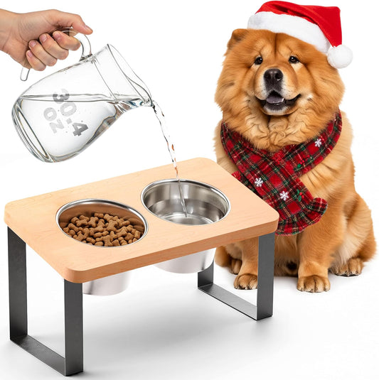 15.9" Tall Elevated Dog Bowls - Ergonomic Stainless Steel Dog Bowls with 10° Tilt in Acacia Wood Stand for Medium Breed