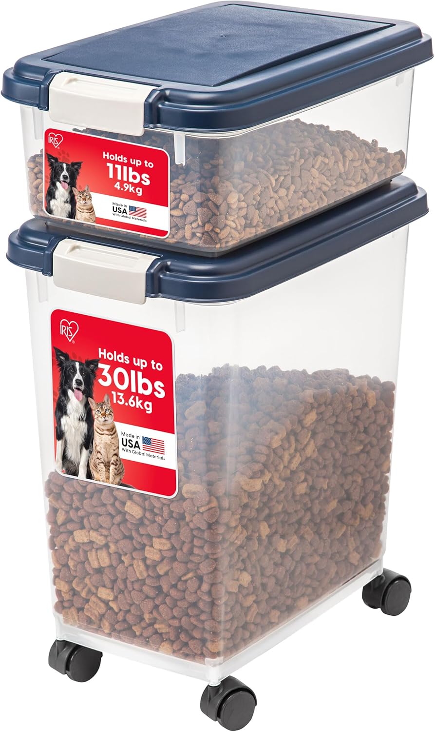 IRIS USA 2-Piece 41 Lbs / 45 Qt WeatherPro Airtight Pet Food Storage Container Combo and Treat Box for Dog Cat and Bird Food, Stackable, Keep Fresh, Translucent Body, Easy Mobility, Navy