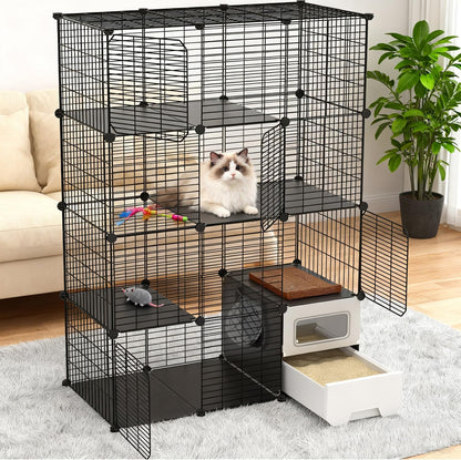Cat Cage Indoor with Litter Box 4-Tier DIY Cat Crate, Cat Playpen Indoor & Outdoor Detachable Metal Wire Large Exercise Place Ideal