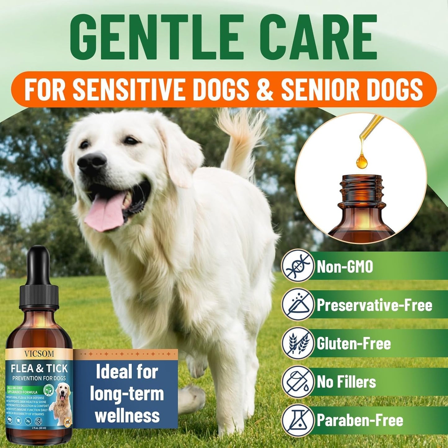 Natural Flea and Tick Prevention for Dogs, Oral Herbal Dog Flea and Tick Treatment Drops with Pumpkin Seed & Black Walnut for Dogs, Skin & Coat Care - Digestive & Immune for All Breeds and Ages, 60ml