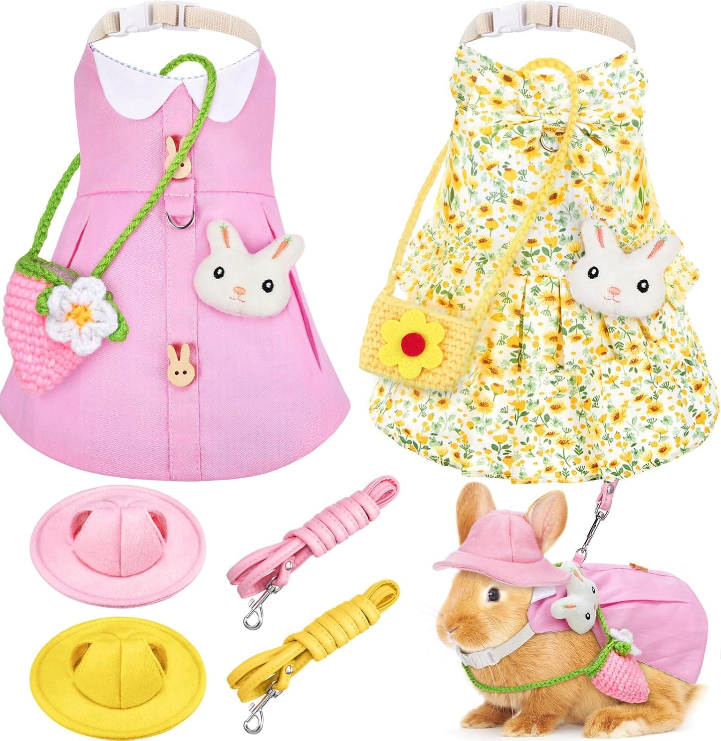 Weewooday 2 Sets Pet Rabbit Bunny Dress Bunny Easter Costume with Leash Hat Mini Bag Harness Leash Small Animals Accessory for Rabbit Hedgehog Ferret Guinea Pigs Piggies Squirrel(Trendy)