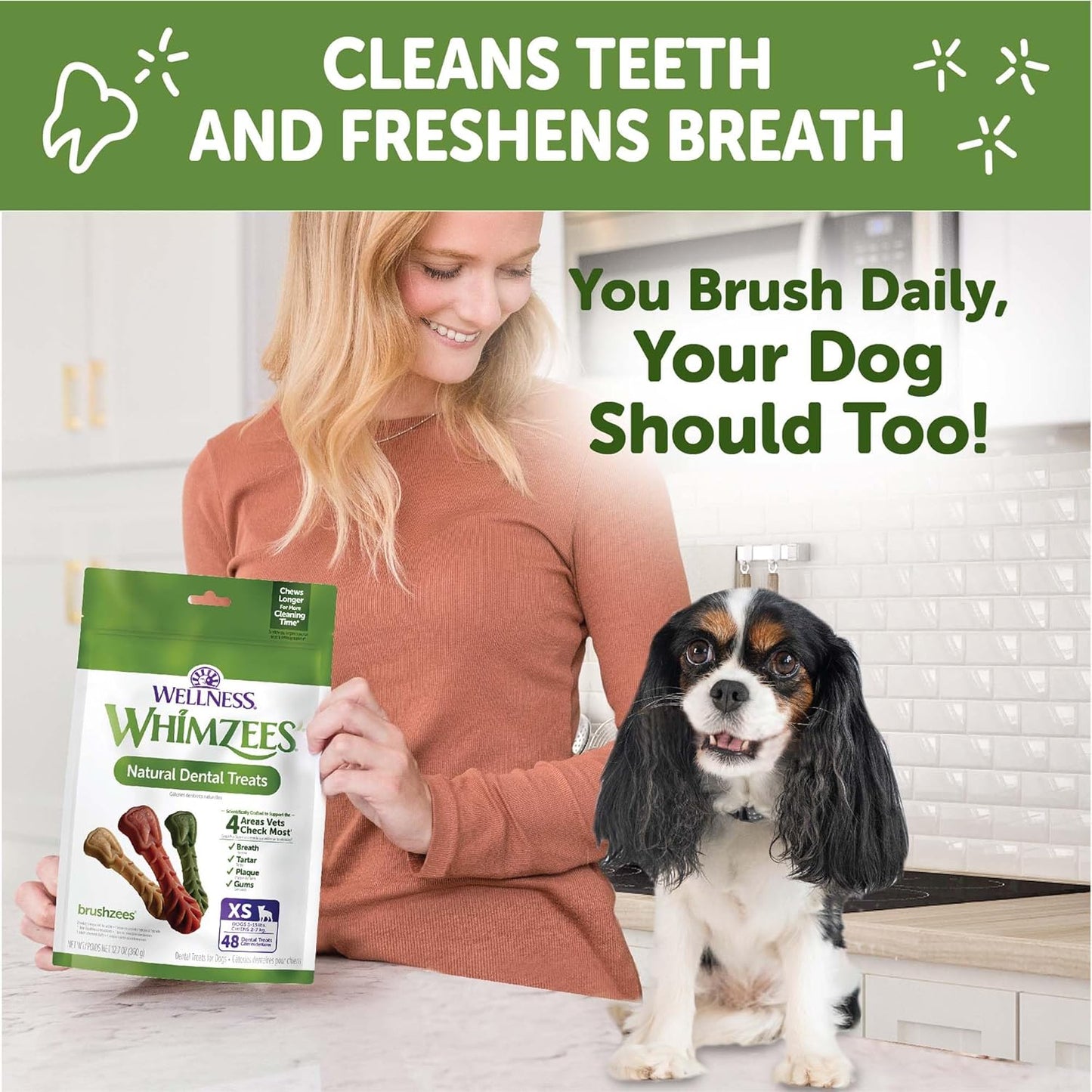 WHIMZEES Wellness Brushzees Dog Dental Treats, Natural Chews, Extra Small Size Stick, (48 Count)