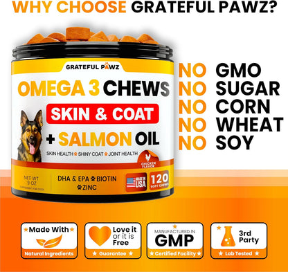 Omega 3 for Dogs - Fish Oil for Dogs Chews - Allergy and Itch Relief - Anti Shedding Supplement - Joint Health Treatment - Dry Itchy Skin and Coat Supplement - Salmon Oil - EPA & DHA - Made in USA