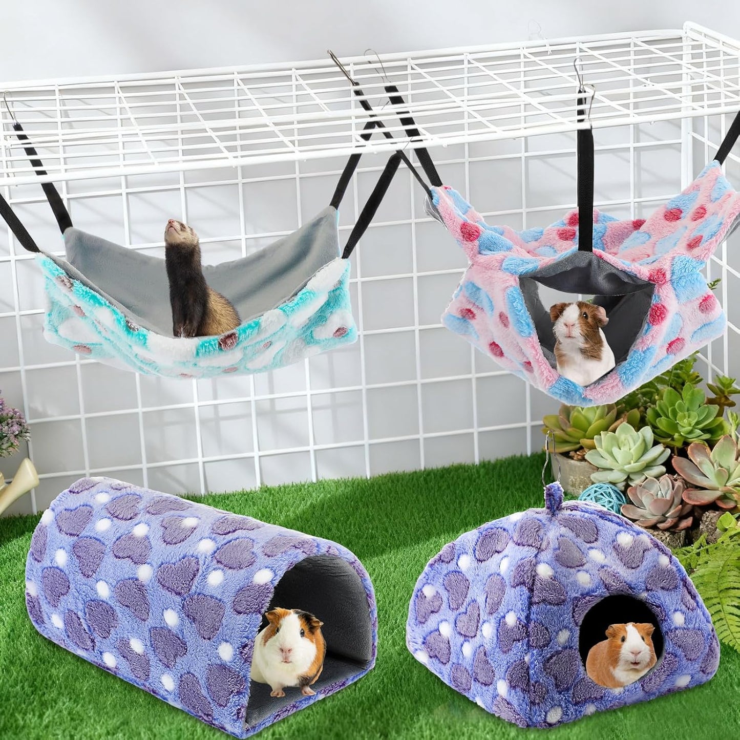 8 in 1 Winter Rat Cage Accessories Guinea Pig Hammock Ferret Cave Beds Guinea Pig Hideout Washable Soft Hamster Toys Hanging Tunnels Mats Curtains for Christmas Small Animals Pet Bunny Gifts