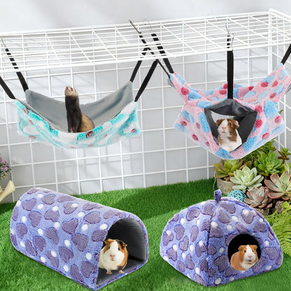 8 in 1 Winter Rat Cage Accessories Guinea Pig Hammock Ferret Cave Beds Guinea Pig Hideout Washable Soft Hamster Toys Hanging Tunnels Mats Curtains for Christmas Small Animals Pet Bunny Gifts