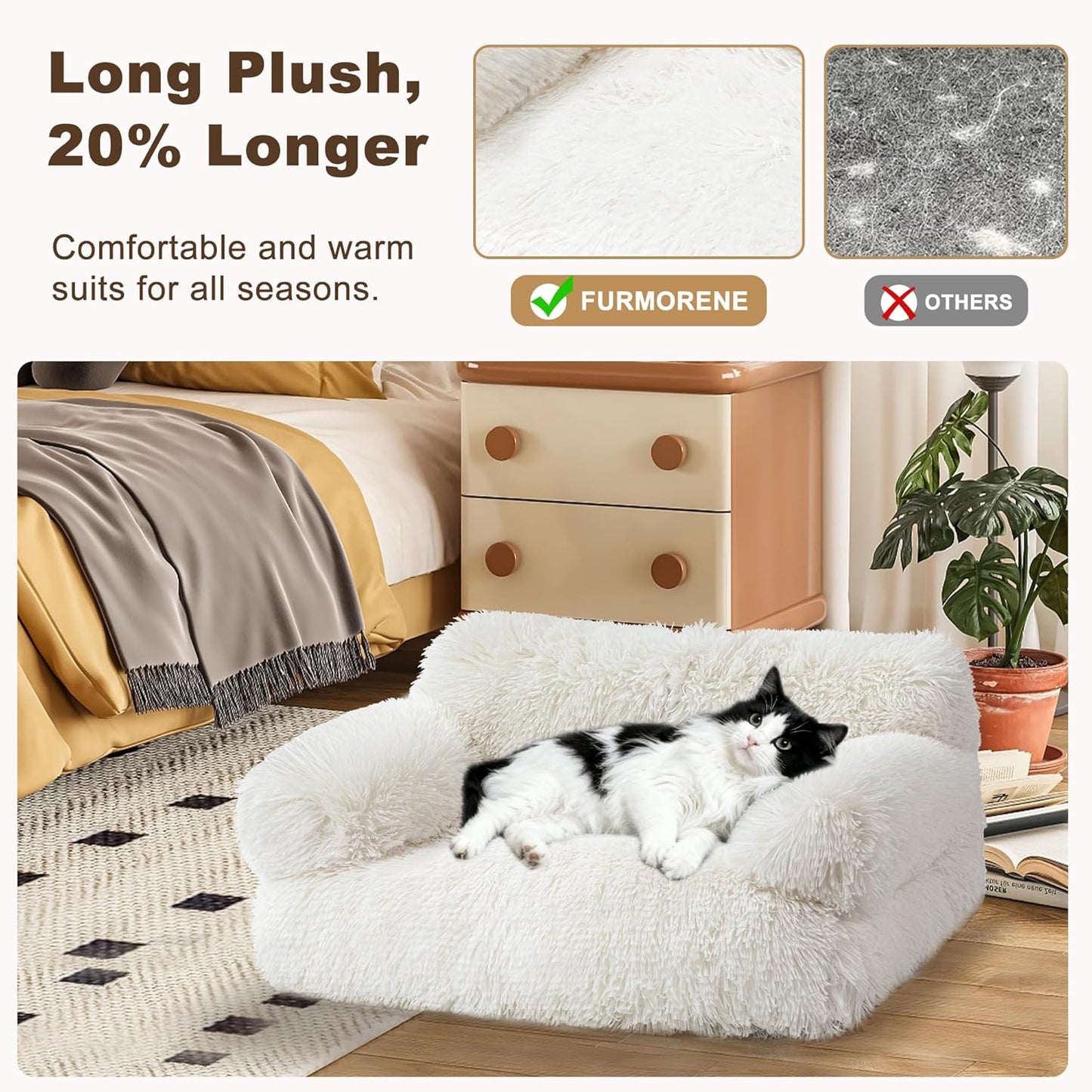 Large Cat Beds for Indoor Cats, Dog Couch Bed, Cute Cat Couch Sofas for Less 20lbs Kitten Puppy, Small Dog Sofas & Chairs with Removable Washable Cover, Soft Warm Pet Furniture, Plush White
