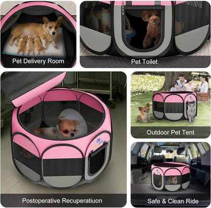 Playpen for Small Dogs Cats Crate: Puppy Play Pen Indoor Outdoor Foldable Potable Exercise Cage Pop up Kennel for Guinea Pig Rabbits Hamster Travel with Carrying Case & Food Bowl (Pink, L, 1)