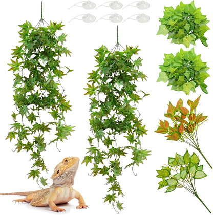BNOSDM Reptile Plants Habitat Decorations with Suction Cup Terrarium Hanging Plant Bearded Dragon Tank Accessories Artificial Leaves Reptile Hide for Lizard Snake Leopard Gecko Chameleon (Green)