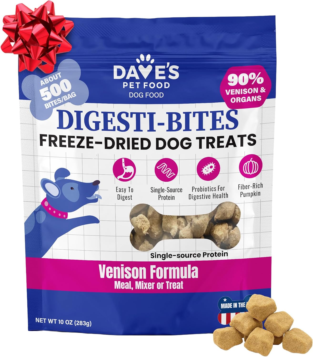 Dave's Pet Food Freeze Dried Venison Treats for Dogs with Pumpkin Fiber & Probiotics, Easy to Digest, Complete & Balanced Nutritious, Freeze Dried Dog Food Topper, USA Made (10 oz)