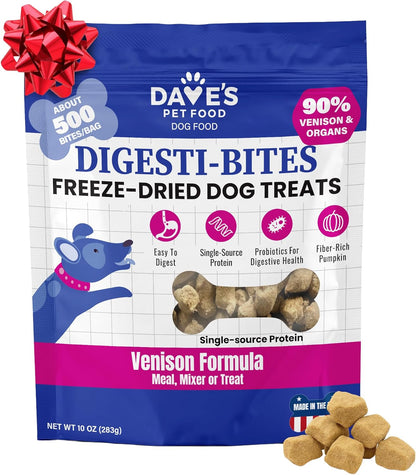 Dave's Pet Food Freeze Dried Venison Treats for Dogs with Pumpkin Fiber & Probiotics, Easy to Digest, Complete & Balanced Nutritious, Freeze Dried Dog Food Topper, USA Made (10 oz)