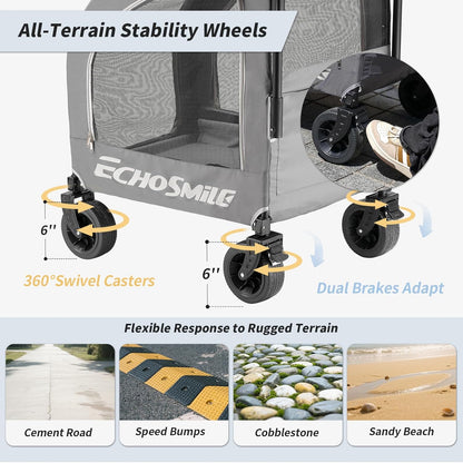 EchoSmile 4 Wheels Pet Stroller, Foldable Dog & Cat Stroller for All-Season, Lightweight Carrier with Storage Basket, Adjustable Handle, Removable Pad, Breathable Mesh, Up to 135 lbs, Grey