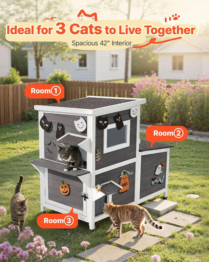 VEVOR Outdoor Cat House, 2-Story Wooden Cat Shelter for 3 Outside Cats in Winter, Elevated Feral Kitty Shelter with Stairs, Clear Window & Flap Doors, Waterproof Cats Condos for Garden 42 × 25 × 34 in