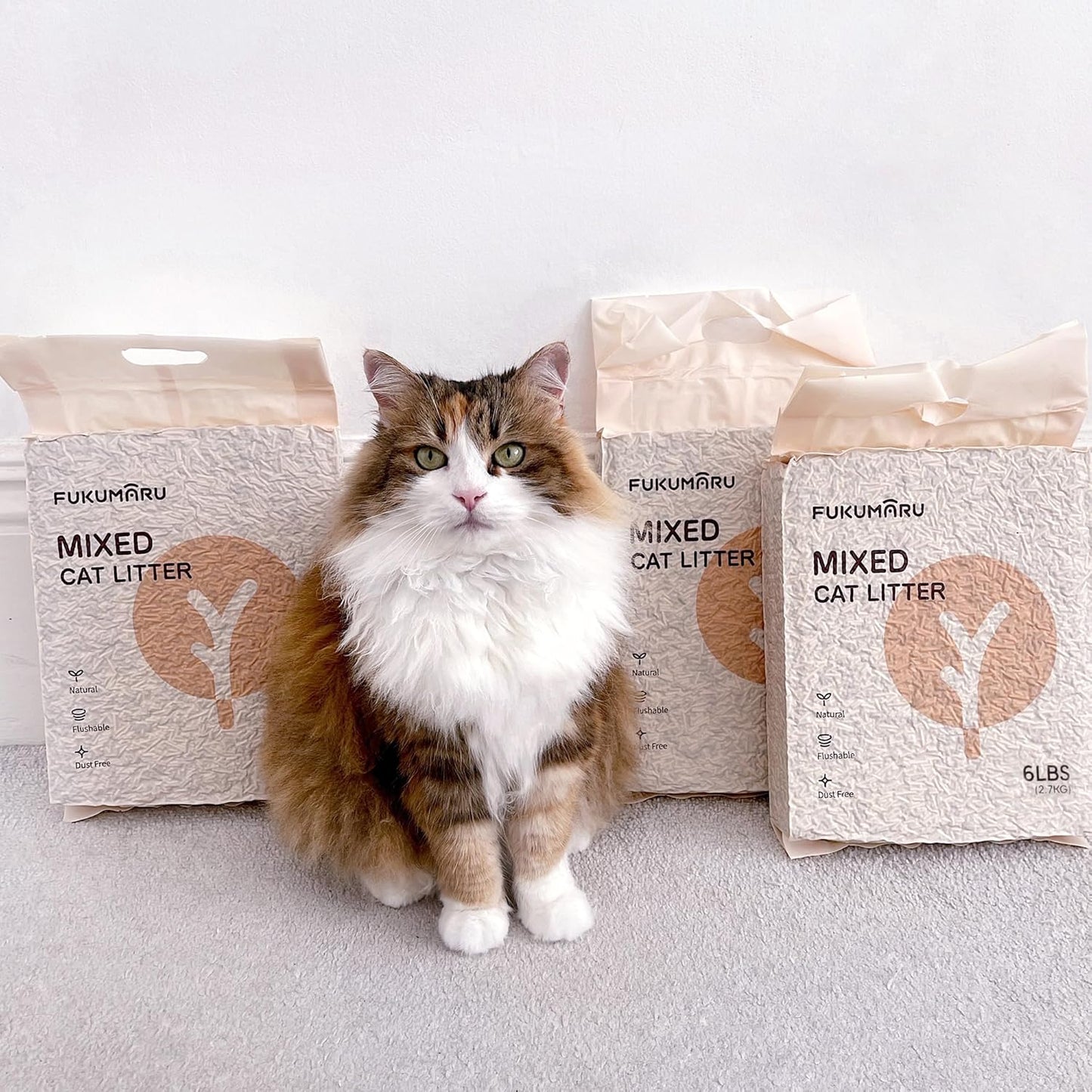 FUKUMARU Tofu Cat Litter, 18 LBS Clumping Cat Litter Flushable, Dust Free, Natural, Unscented, Lightweight, Low Tracking, Mixed Apple Wood, 24/7 Odor Control, 6lb x 3bags