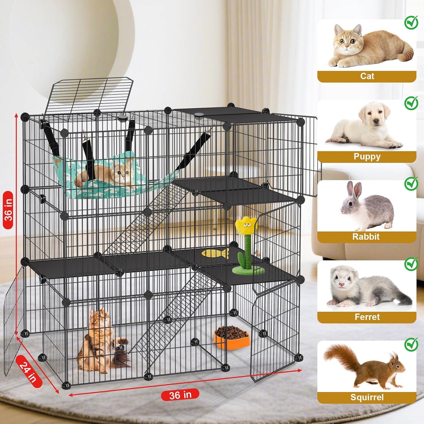 Cat Cage, 3-Tier DIY Cat Enclosures Catio, Cat Playpen Indoor & Outdoor with Hammock, Detachable Metal Wire Kennel Cats Crate, 2x3x3 Exercise Place for 1-3 Cats/Kitten