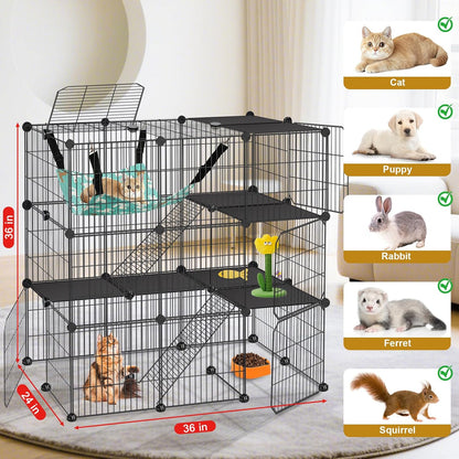 Cat Cage, 3-Tier DIY Cat Enclosures Catio, Cat Playpen Indoor & Outdoor with Hammock, Detachable Metal Wire Kennel Cats Crate, 2x3x3 Exercise Place for 1-3 Cats/Kitten